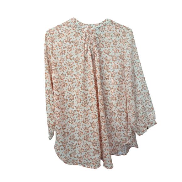 Jachs Girlfriend NY White Brown Floral Blouse Split Neck Pintuck Hem Size M EUC - Picture 5 of 8